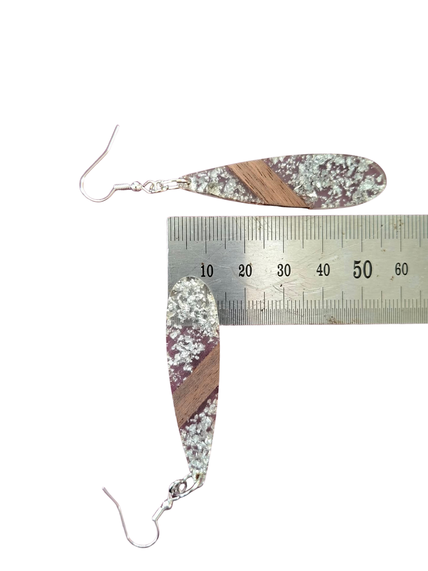 Glittery resin and wood drop earrings - blue-green