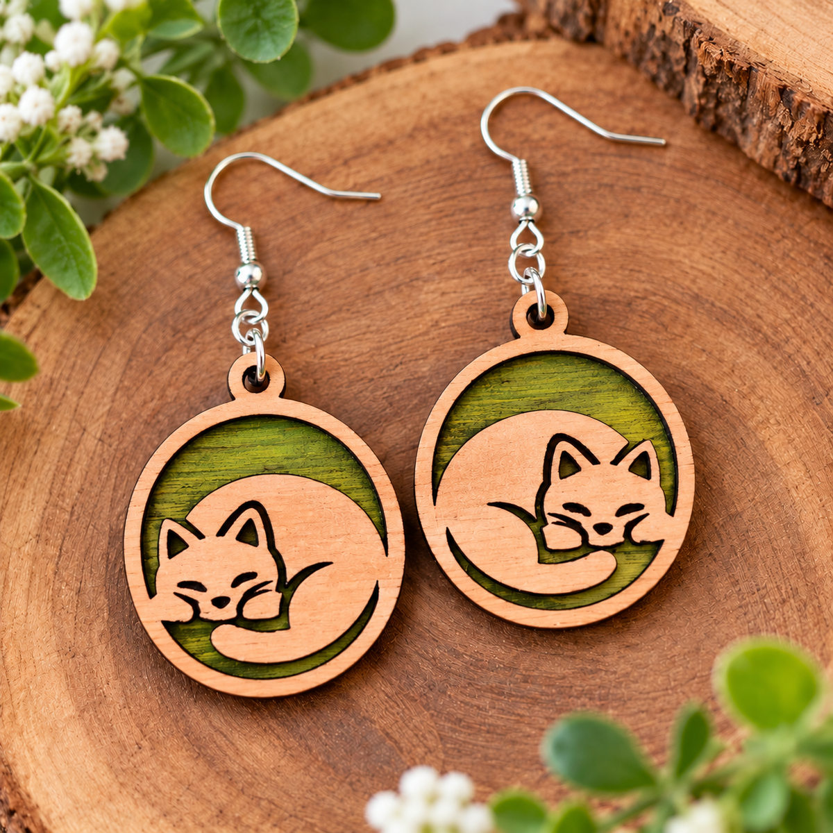 Sleeping Cat Wooden Earrings – Chartreuse Green - Made in NZ