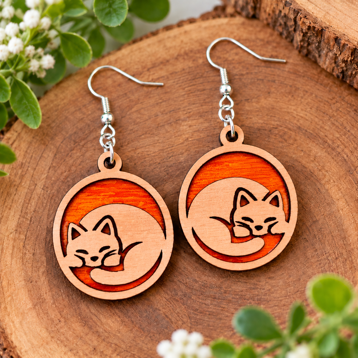 Sleeping Cat Wooden Earrings – Deep Orange - Made in NZ