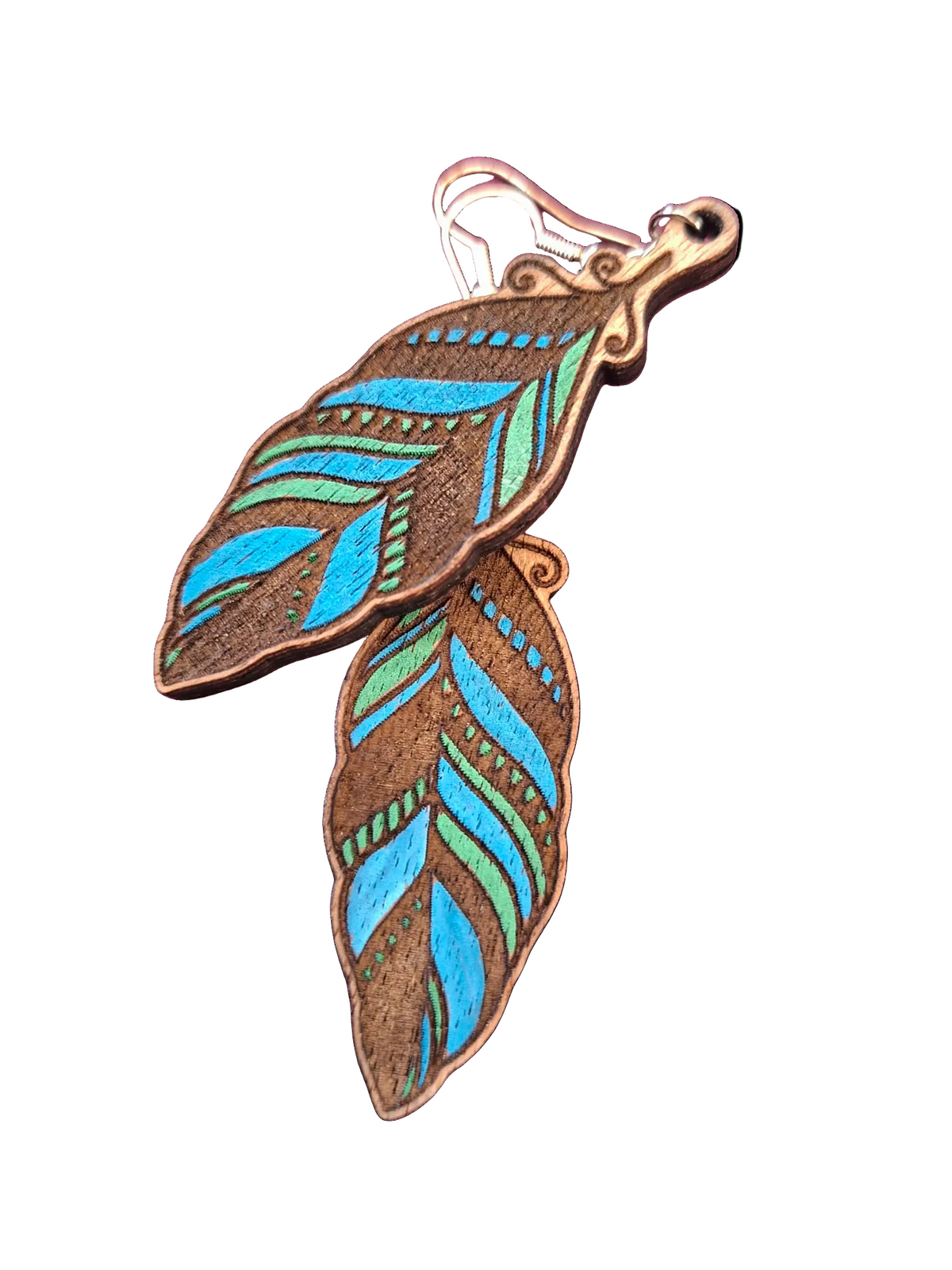 Feather-shaped earrings with blue and green patterns on a white background