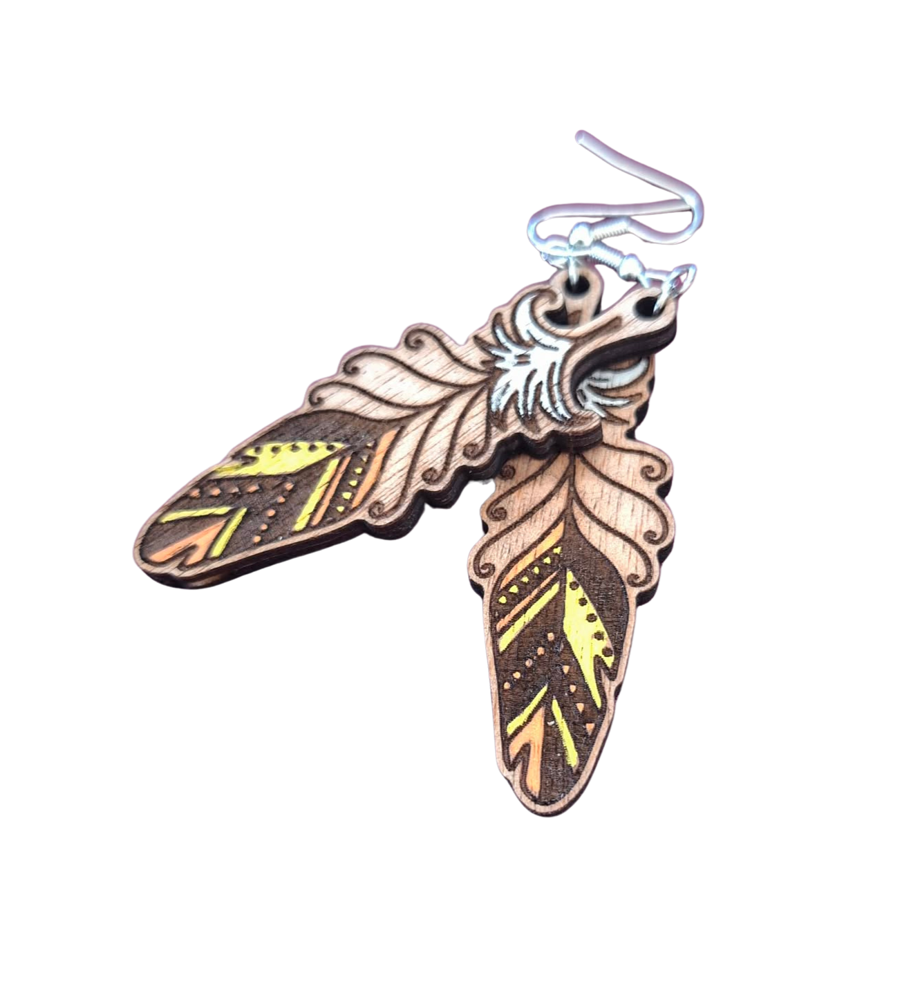 Feather hand painted wood earrings