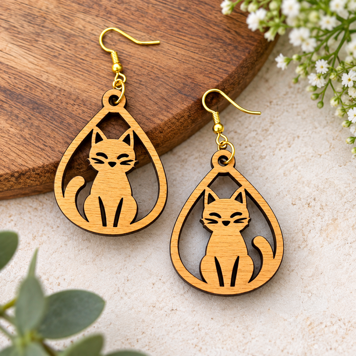 Natural Wood Cat Earrings – NZ Made