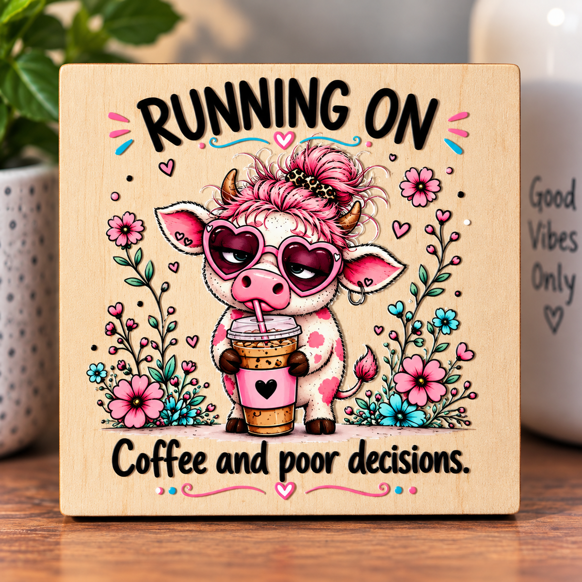 Running on Coffee and Poor Decisions – Funny Wooden Fridge Magnet