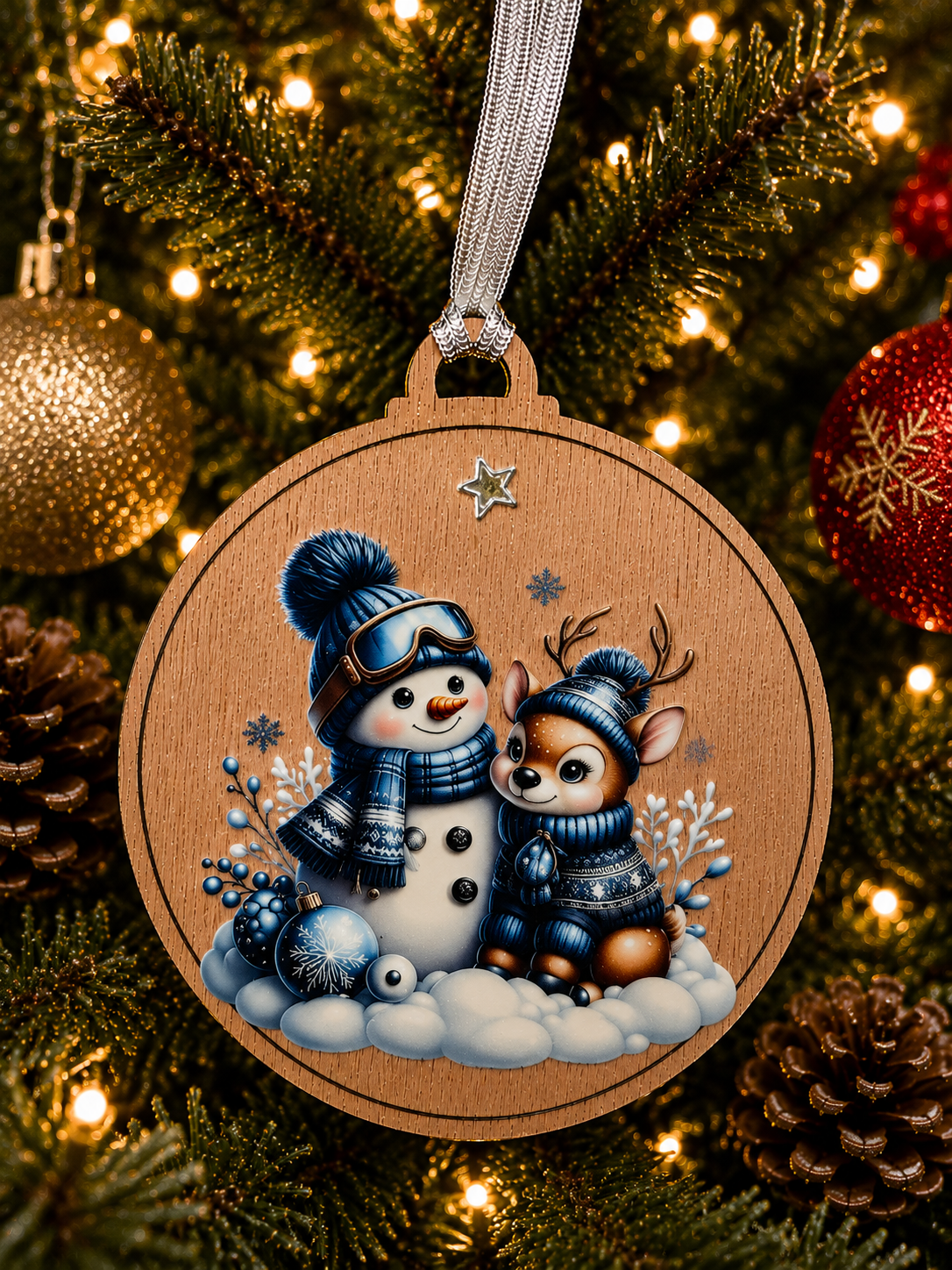 Blue Snowman with Little Reindeer Decoration
