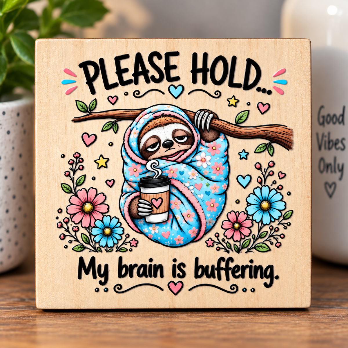 Please Hold… My Brain Is Buffering – Funny Wooden Fridge Magnet