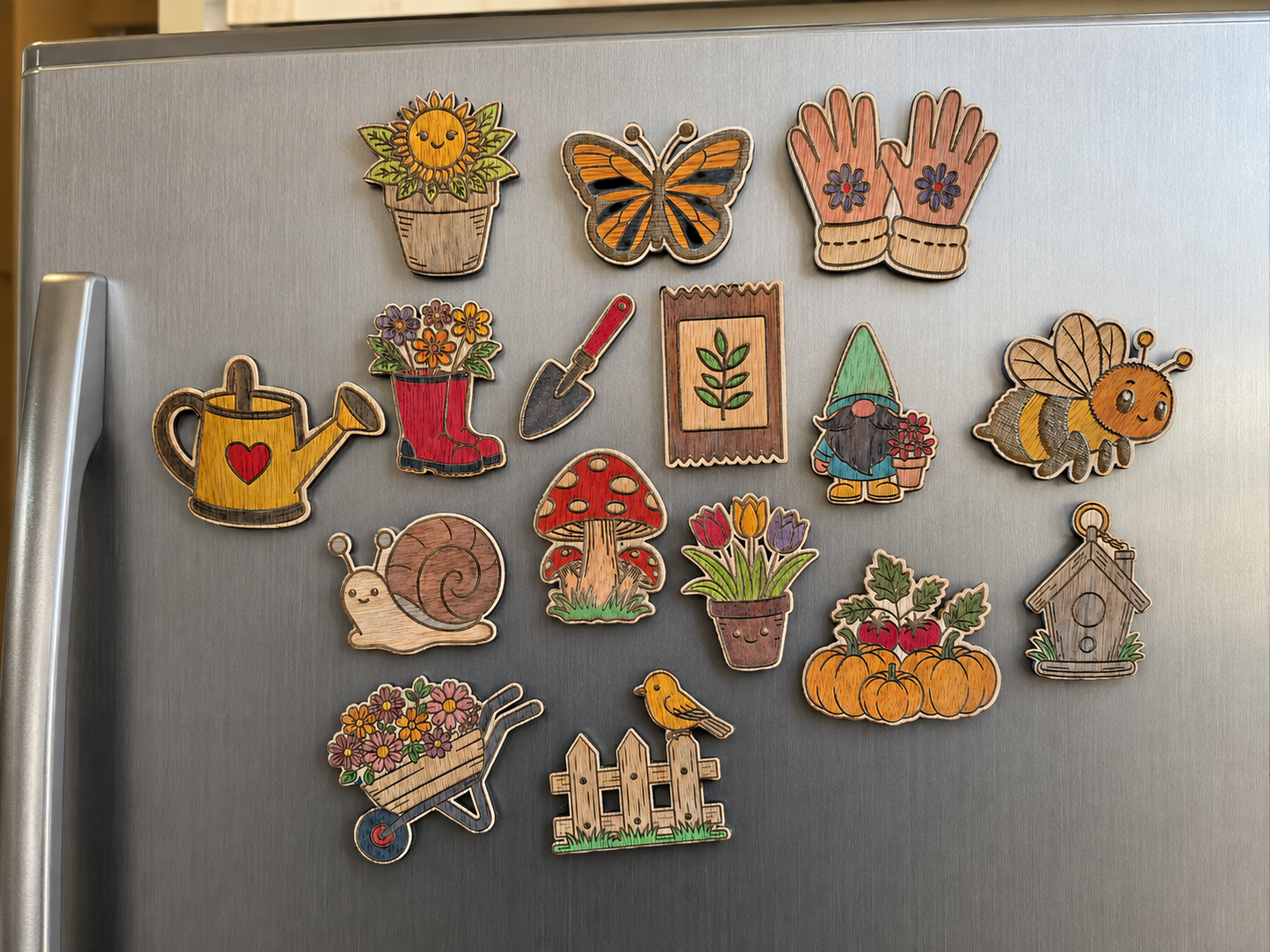 Set of 16 Hand-Painted Wooden Garden-Themed Magnets