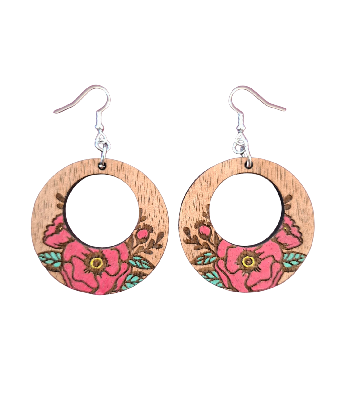 Wooden hand painted poppy earrings - 4 shapes to choose from