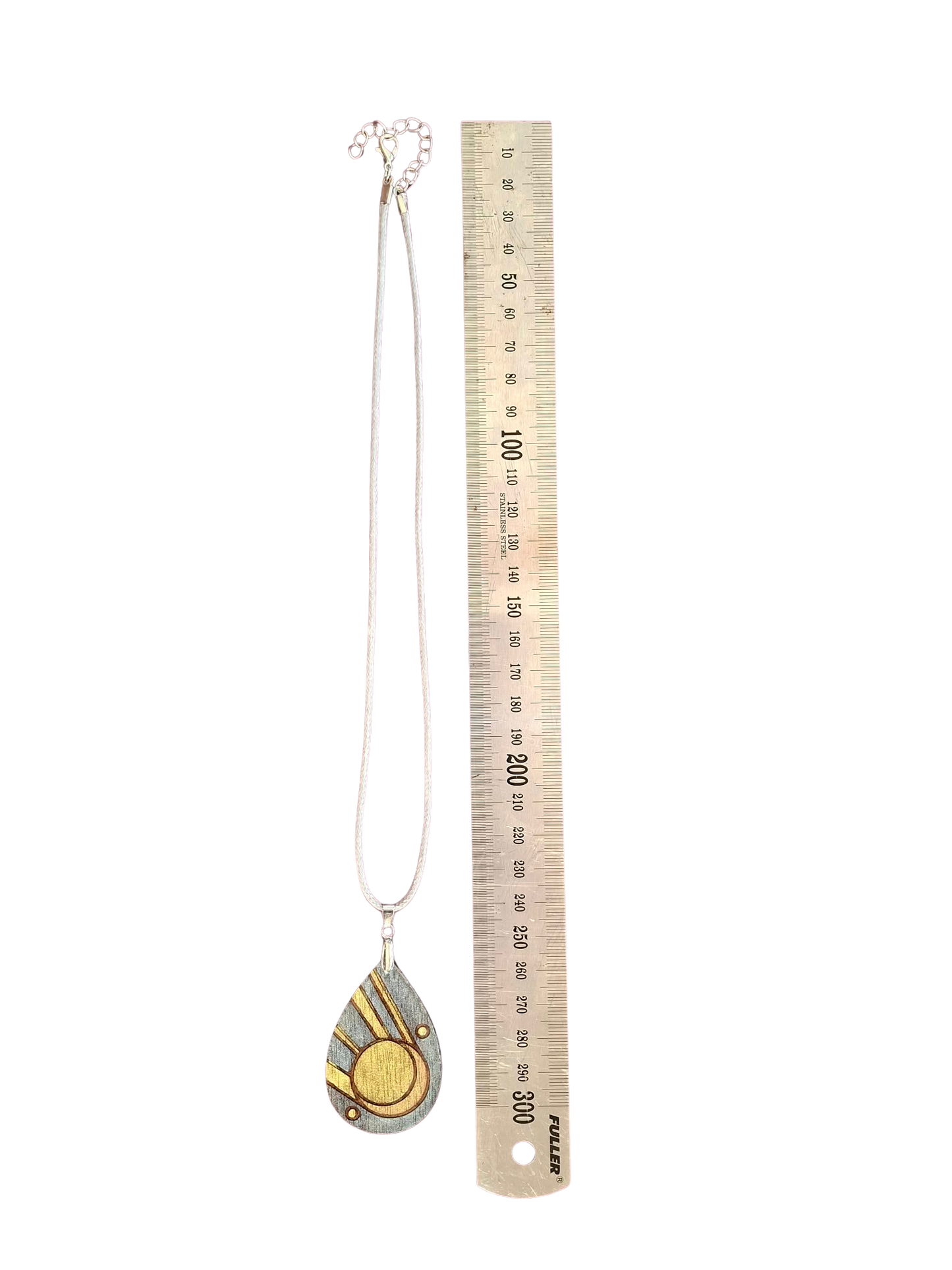 Hand painted wood and resin necklace and cord - gold and silver