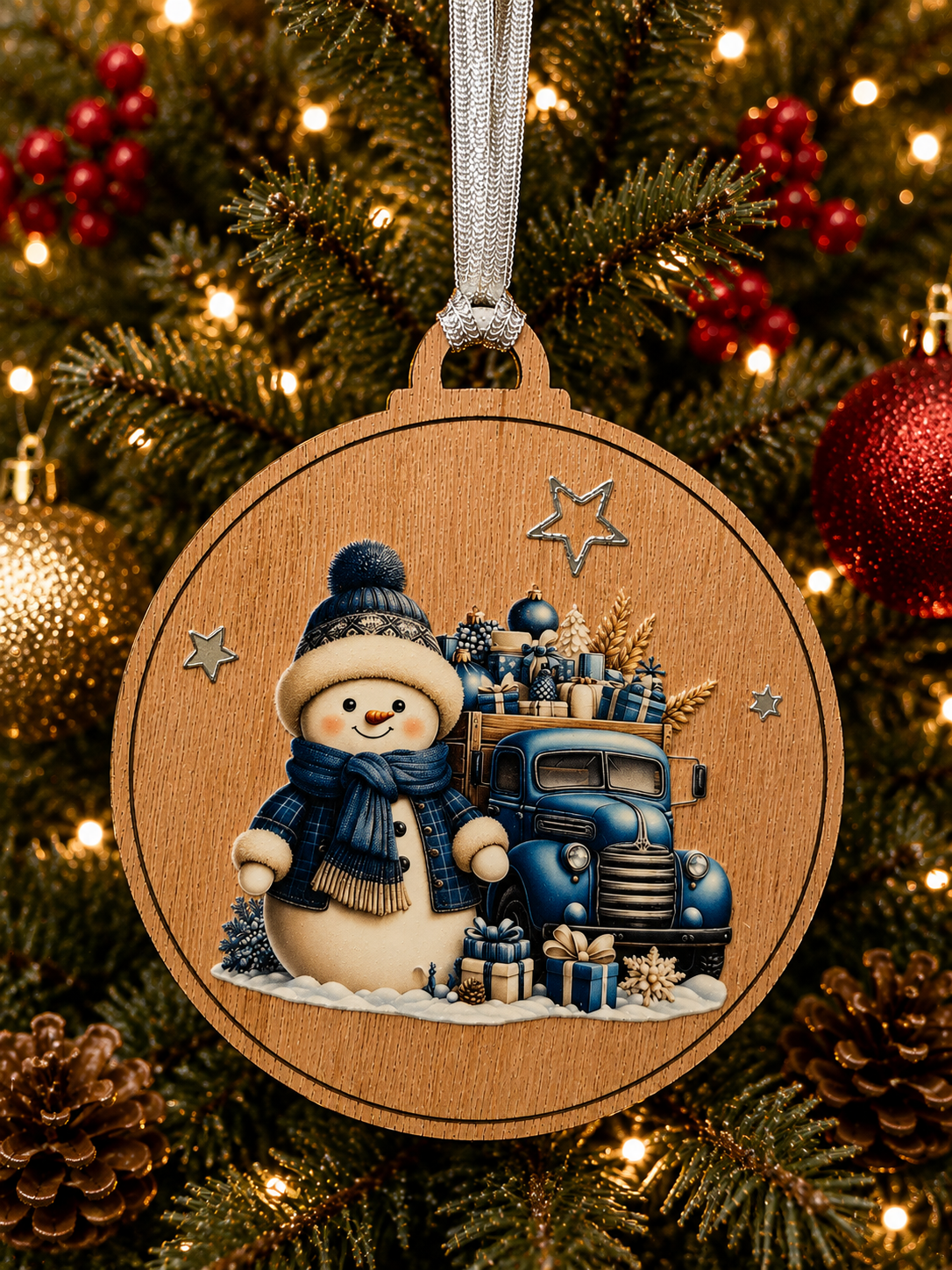 Blue Snowman with Christmas Truck Decoration