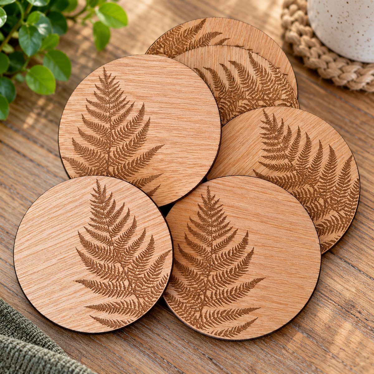 Silver Fern Wooden Coaster Set – Set of 6 with Stand