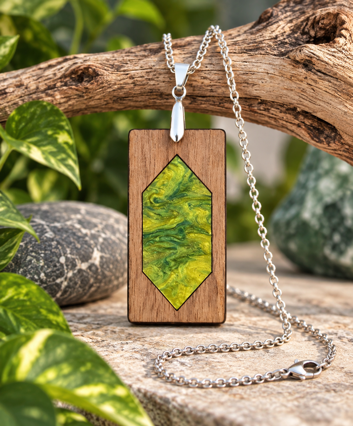 Toxic Sludge walnut and marbled lime green acrylic pendant necklace with silver-tone chain, handcrafted and laser cut in New Zealand by Dopey Dog NZ.