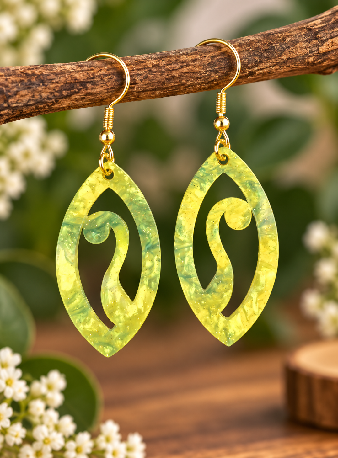 Yellow-green pearlescent acrylic statement earrings with swirl cut-out design and gold-tone hooks, laser cut and made in New Zealand by Dopey Dog NZ.