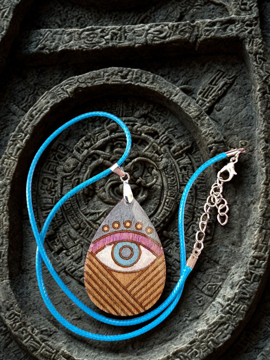 Hand painted wood and resin necklace and cord - Seeing eye