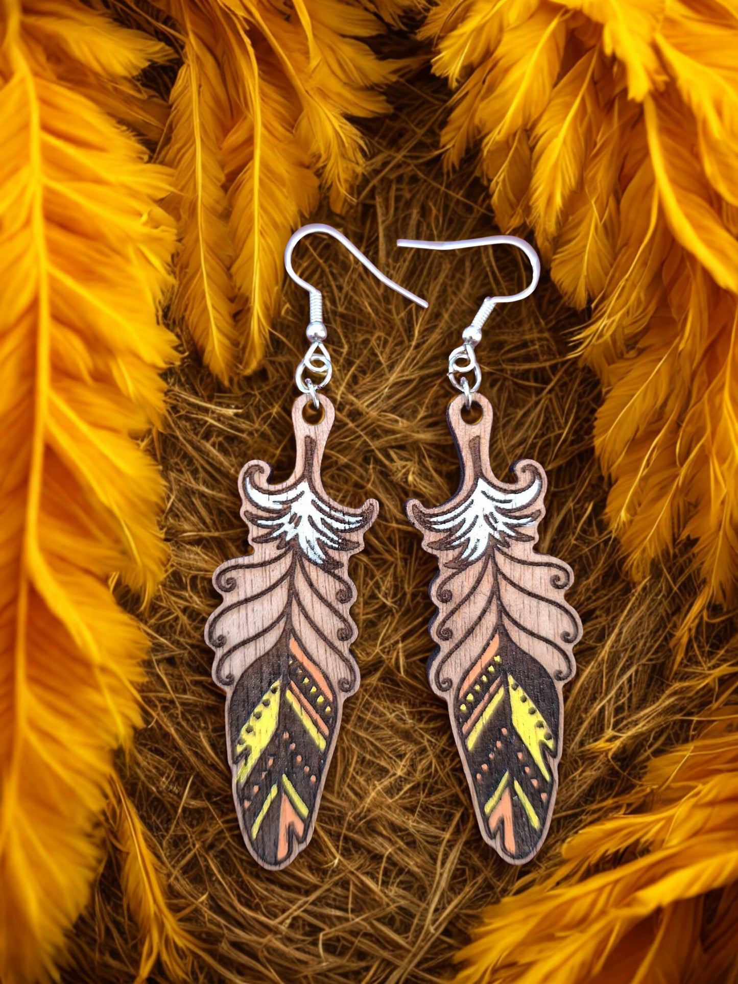 Feather hand painted wood earrings