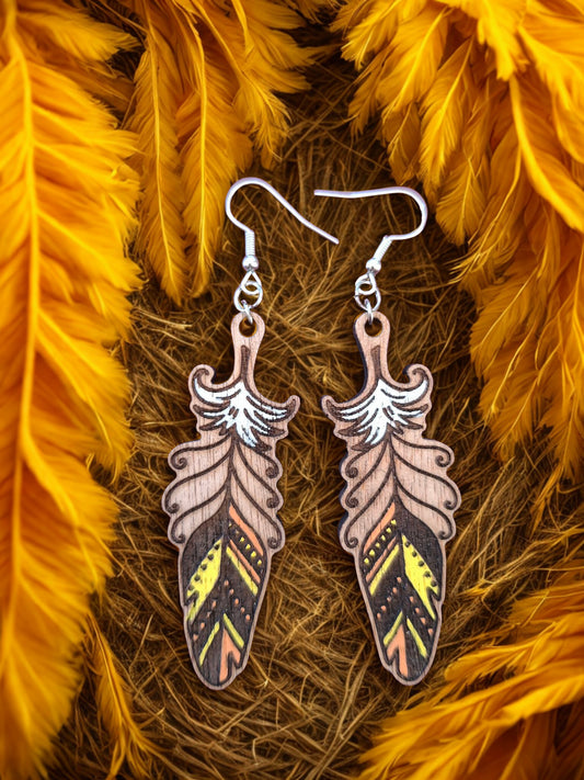 Feather hand painted wood earrings