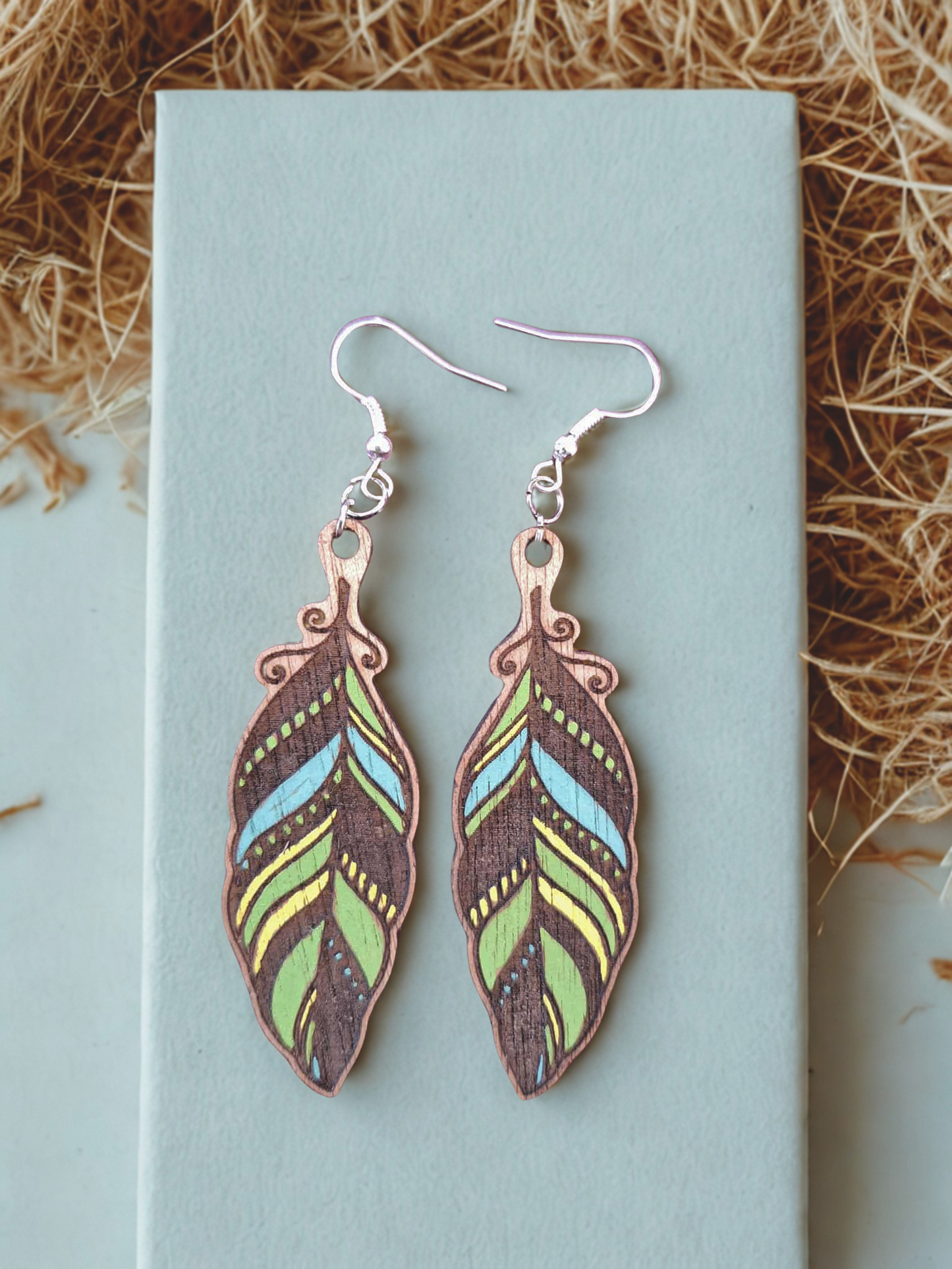 Feather earrings - hand painted wood