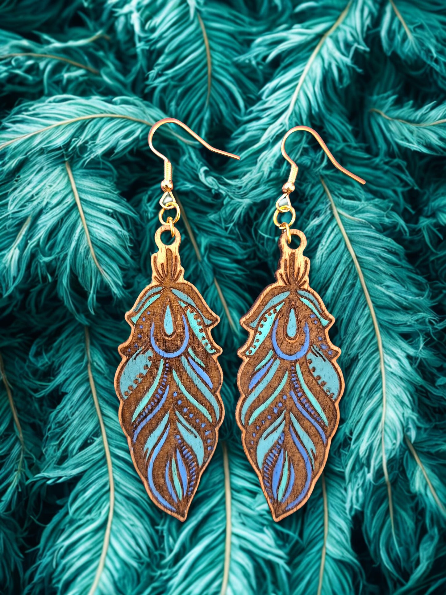 Feather earrings - hand painted wood