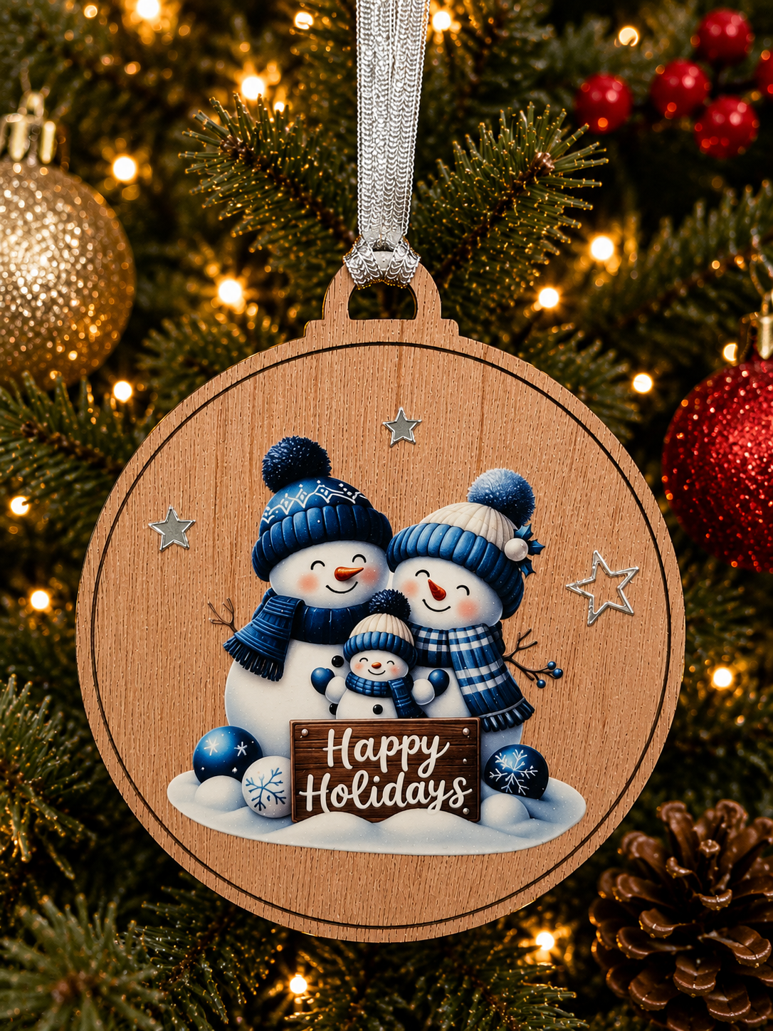 Blue Snowman Family Happy Holidays Decoration