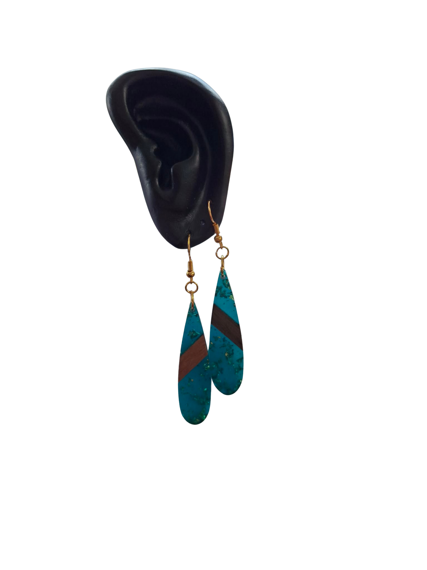 Glittery resin and wood drop earrings - blue-green