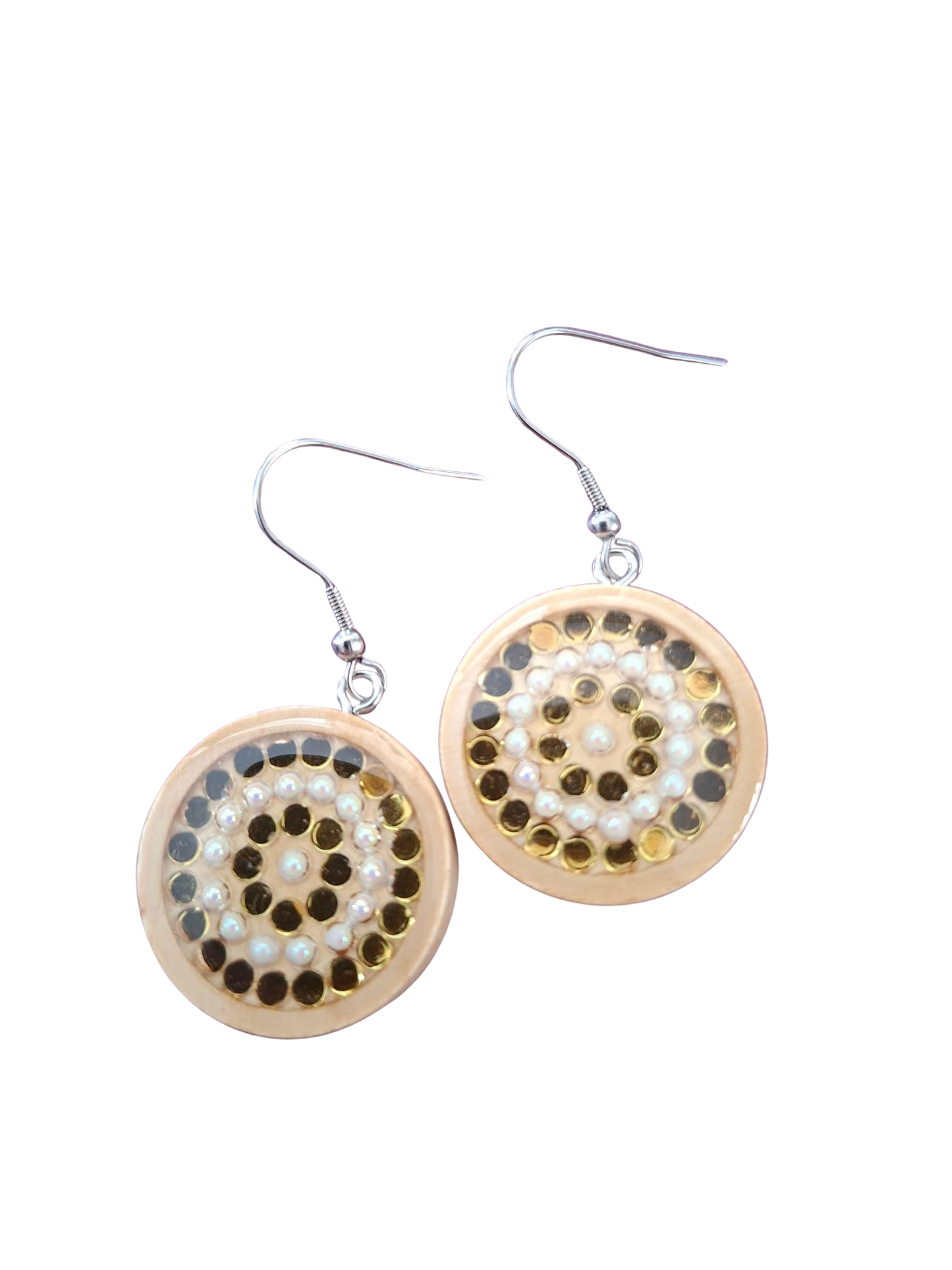 Wood and resin "bubble" earrings -pearl and gold