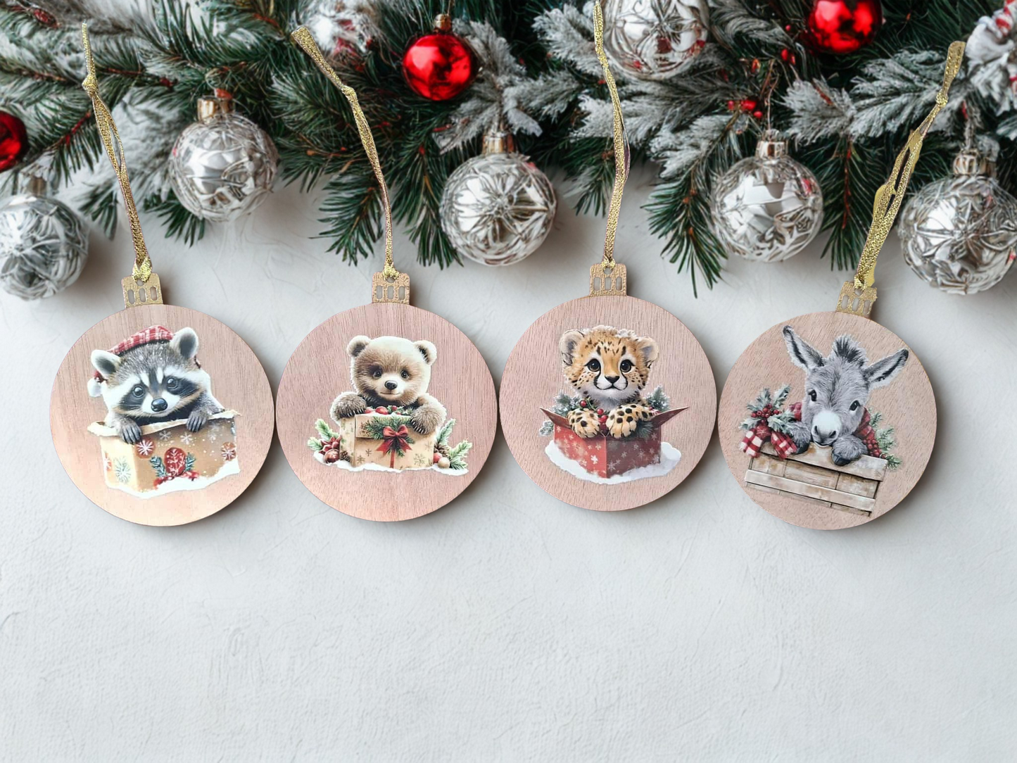 Set of four wooden cute animal Christmas decorations