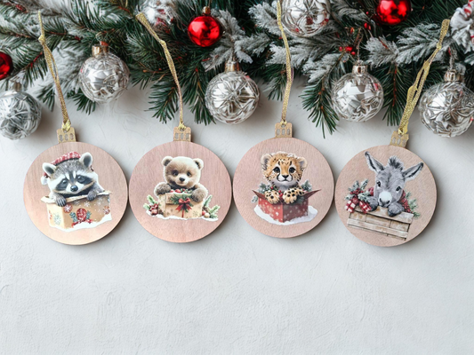 Set of four wooden cute animal Christmas decorations