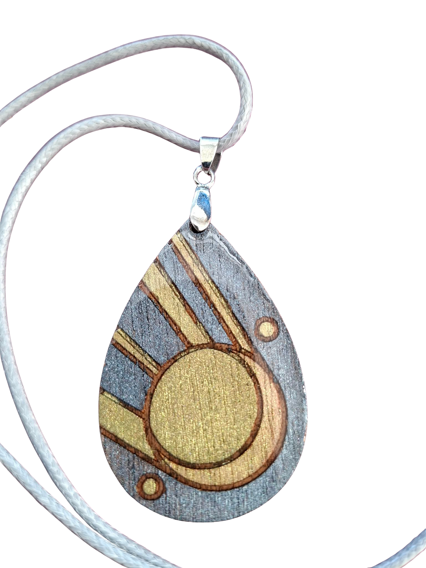 Hand painted wood and resin necklace and cord - gold and silver