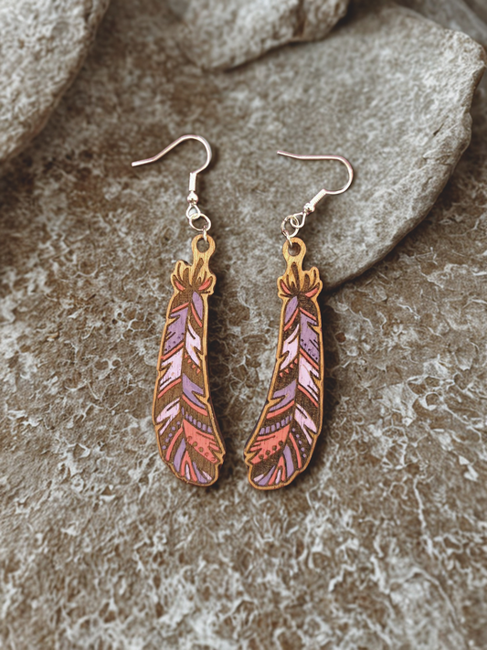 Feather earrings - hand painted wood