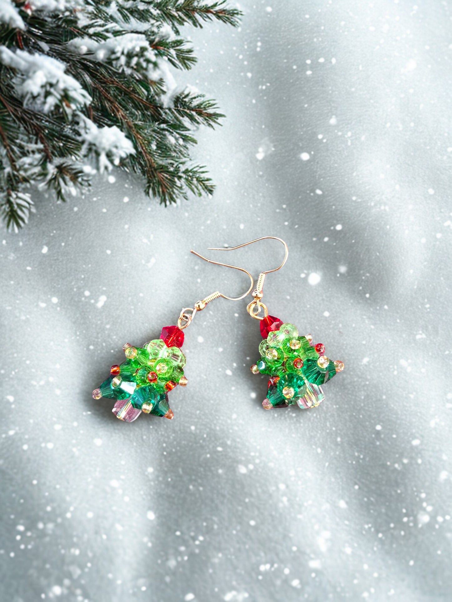 Crystal bead Christmas tree earrings - hand made