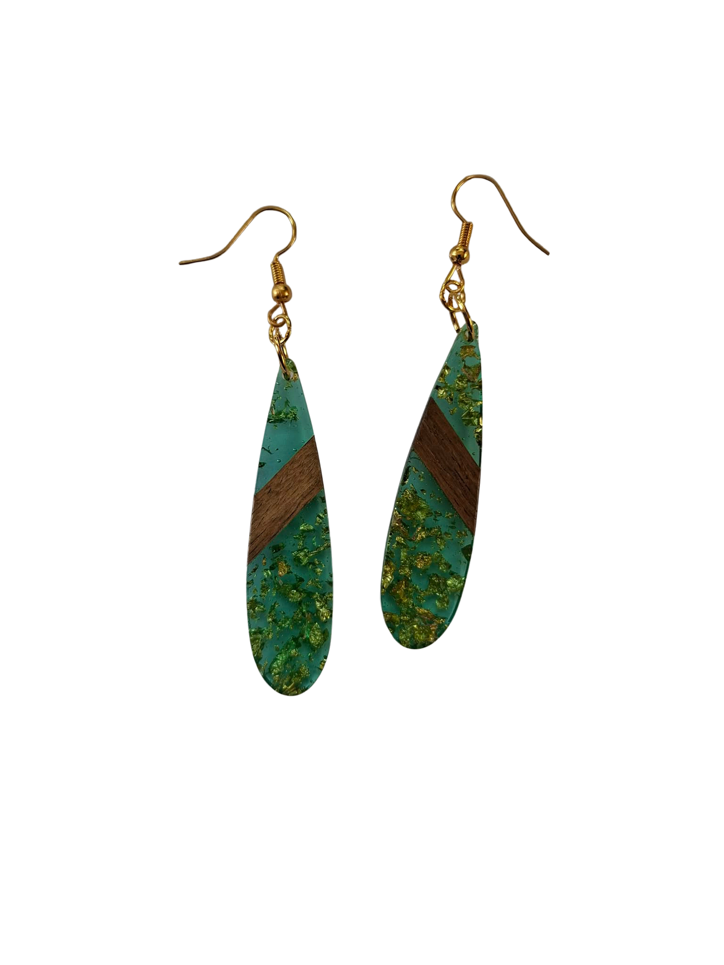 Glittery resin and wood drop earrings - green