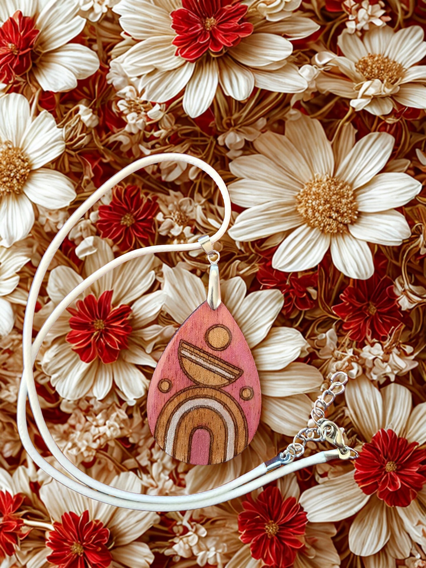 Hand painted wood and resin necklace and cord - red, white and gold