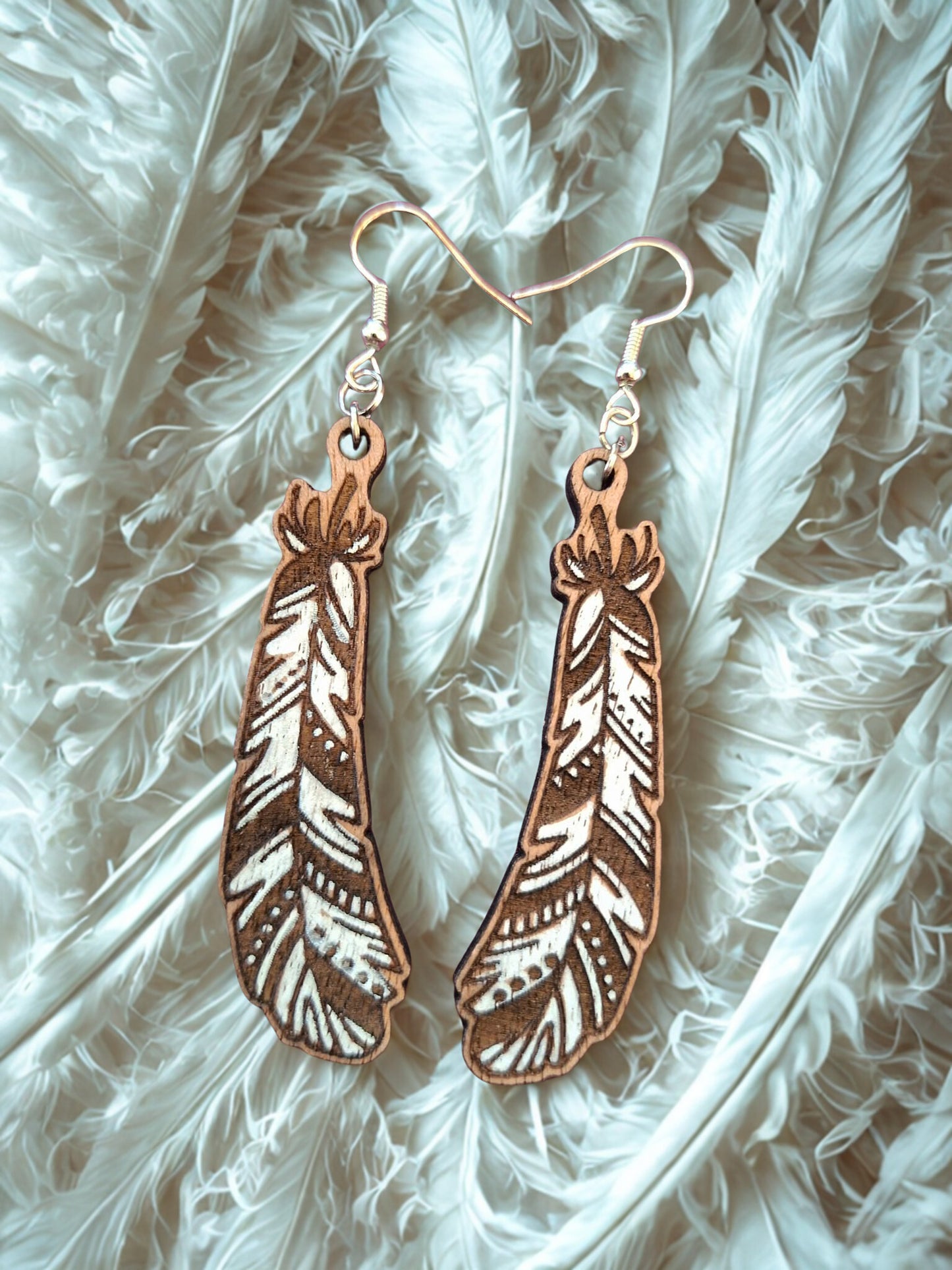 Feather earrings - hand painted wood