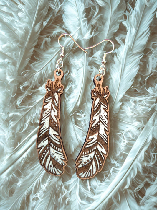 Feather earrings - hand painted wood