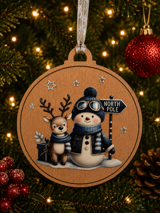 Blue Snowman To the Northpole with his Reindeer Decoration