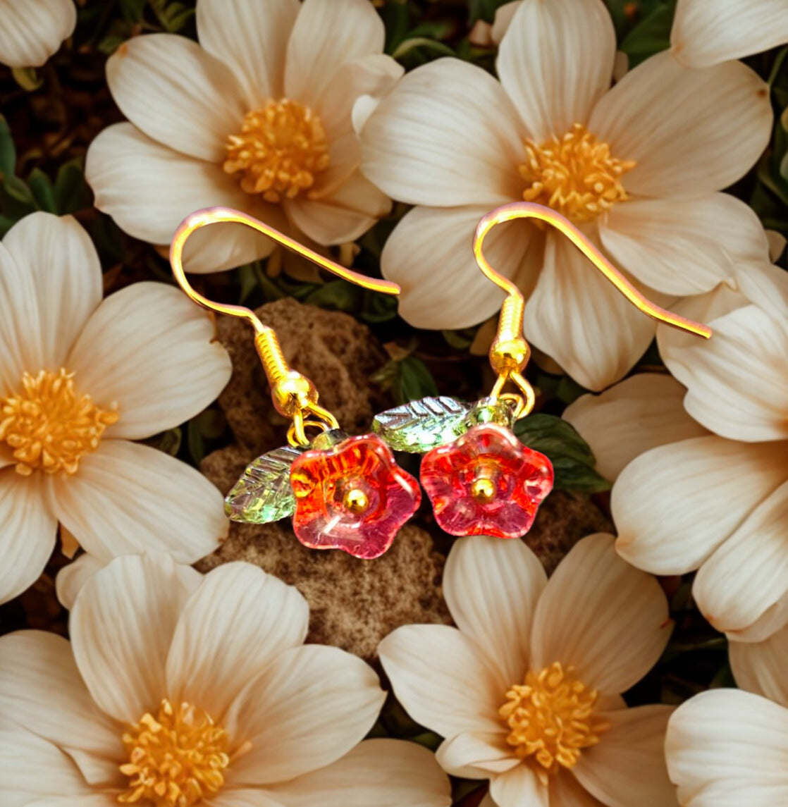 Tiny glass flower earrings - red tones