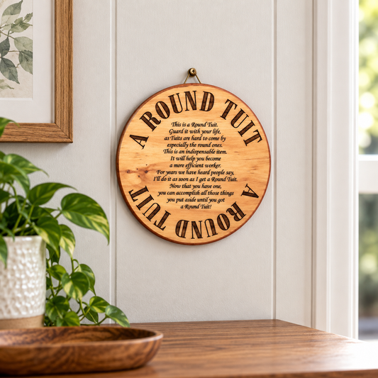 Round Tuit wooden novelty wall sign, laser engraved and hand-finished in New Zealand, approximately 160mm diameter