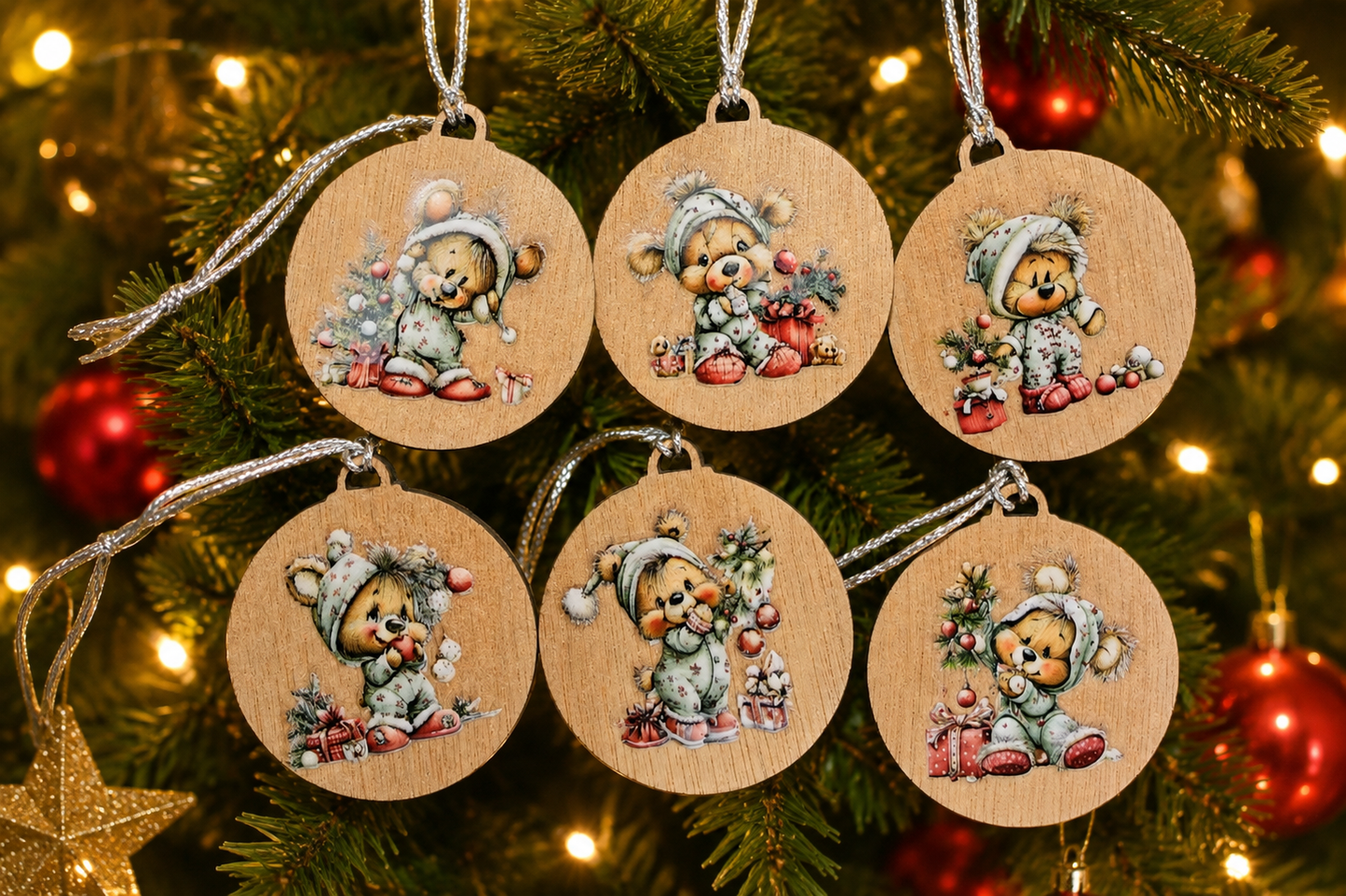 Set of six small wooden decorations