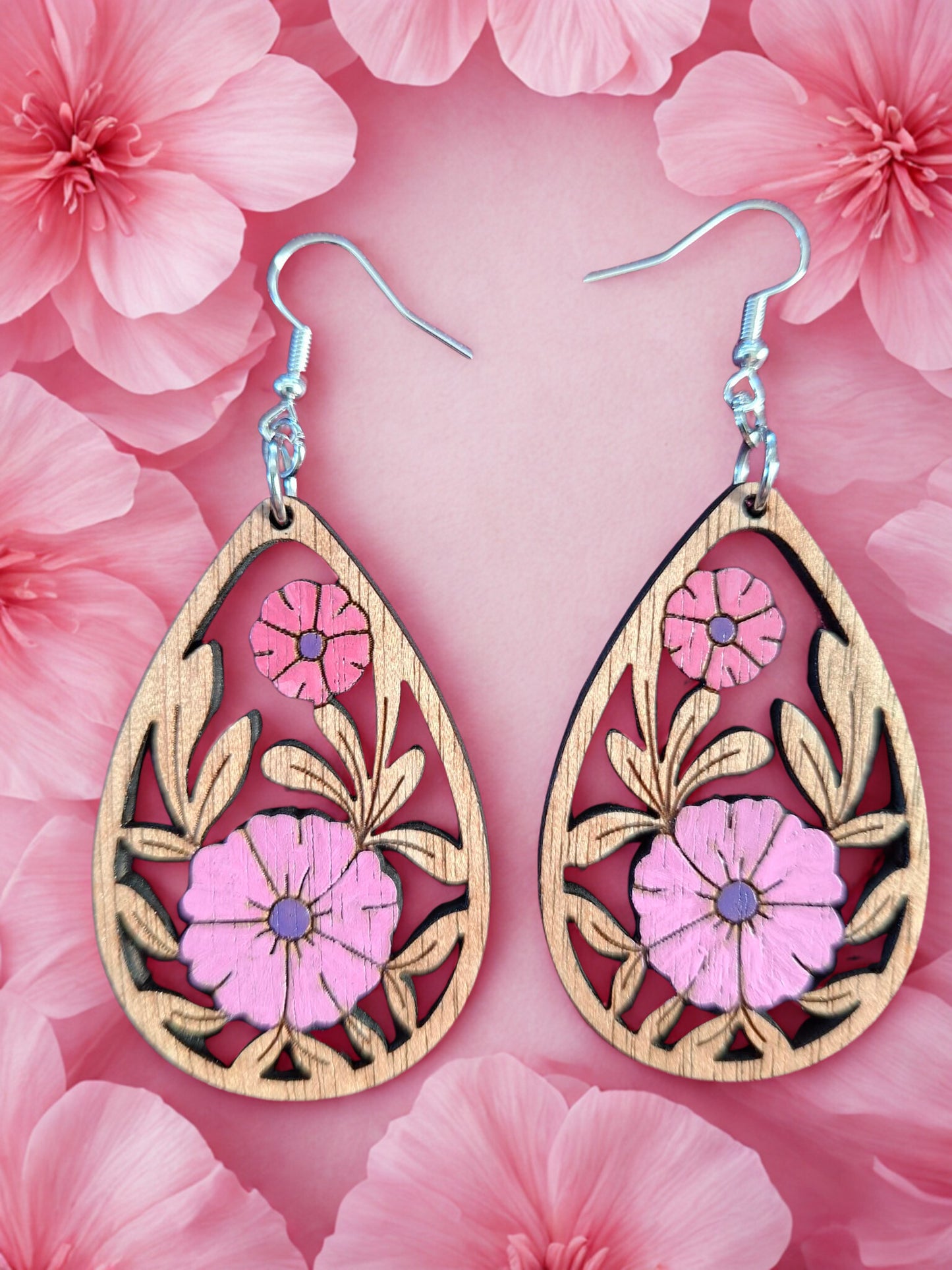 Wooden hand painted flower earrings