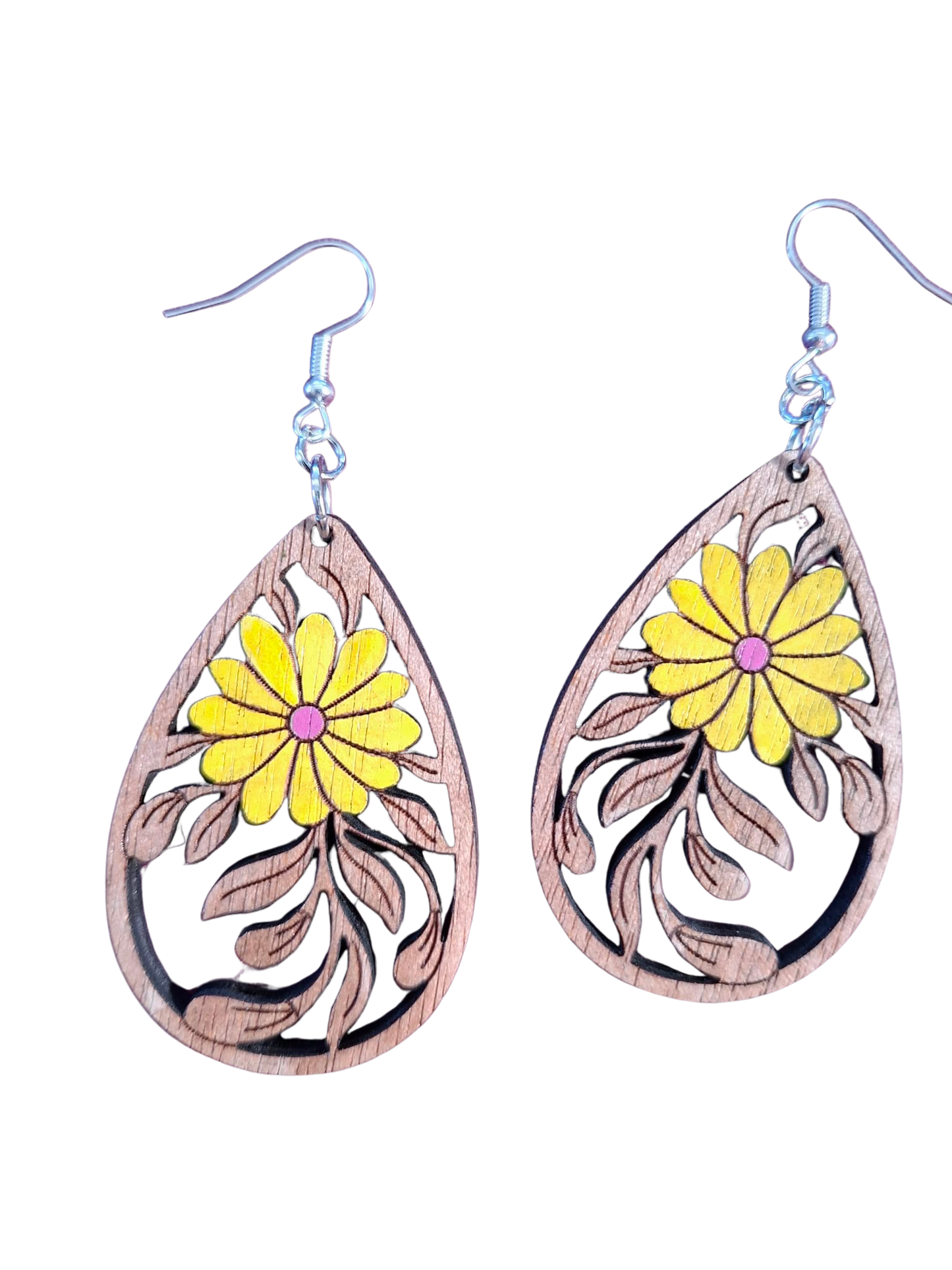 Wooden hand painted flower earrings