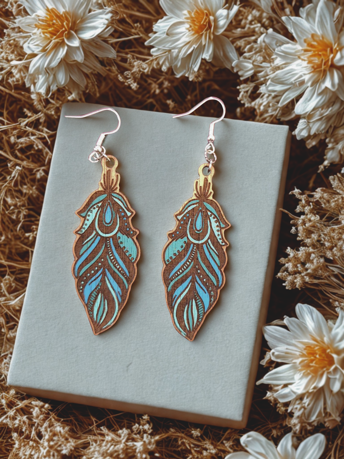 Feather earrings - hand painted wood