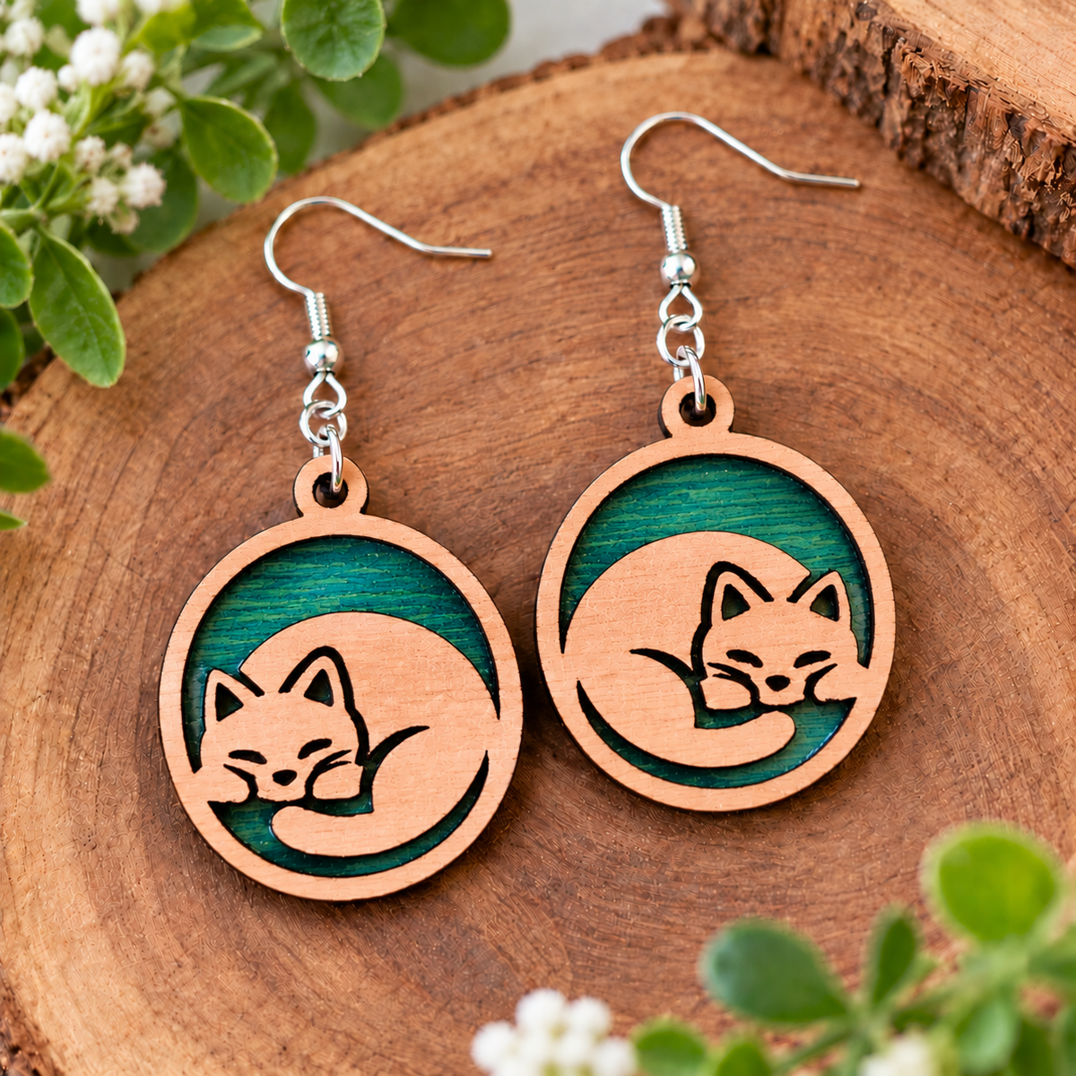 Sleeping Cat Wooden Earrings –Teal Green - Made in NZ