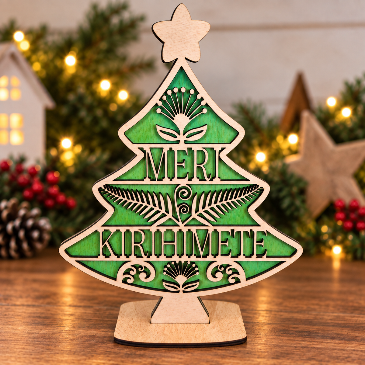 Double sided 30 cm table top tree - Merry Christmas/Meri Kirihimete