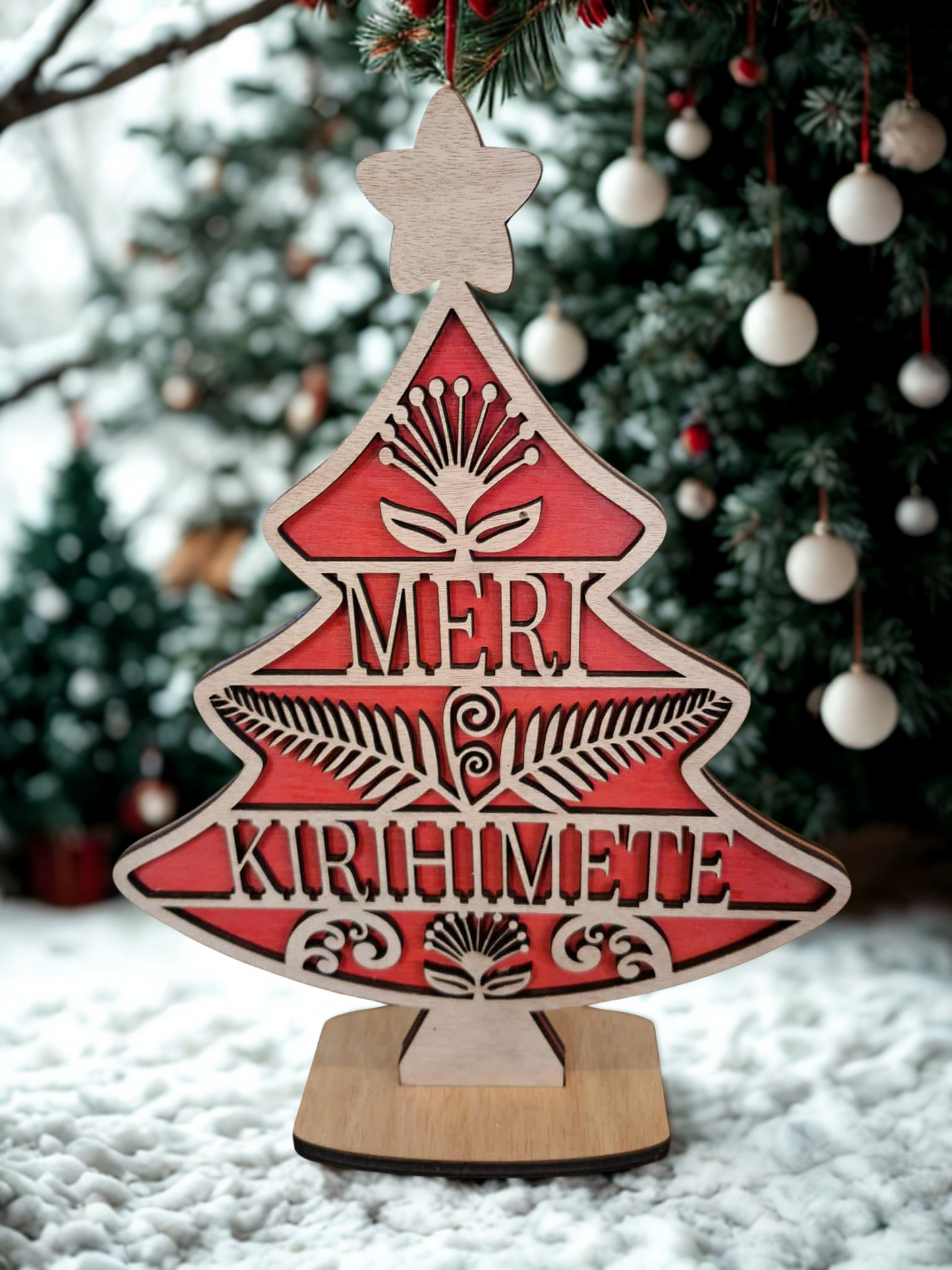 Double sided 30 cm table top tree - Merry Christmas/Meri Kirihimete