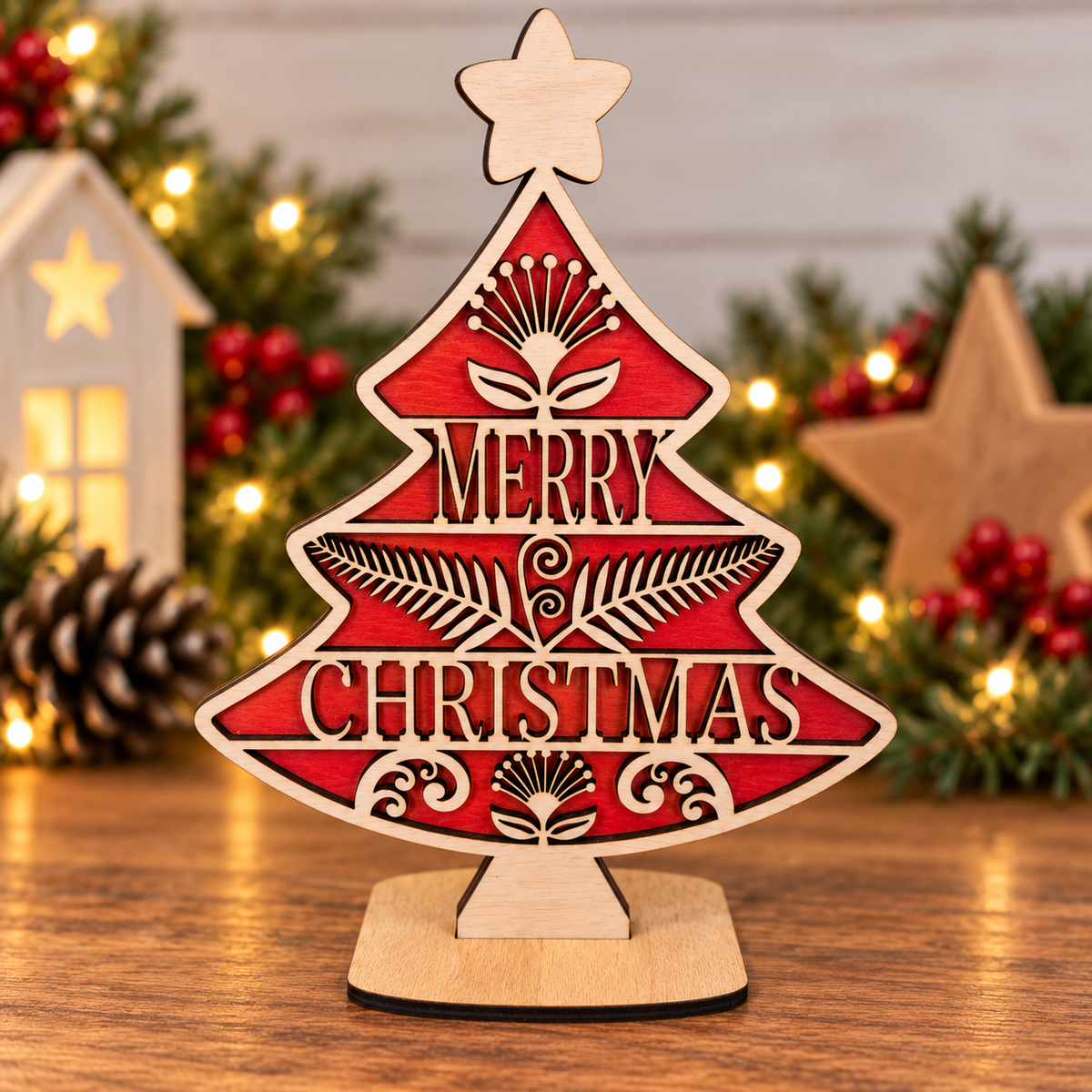 Double sided 30 cm table top tree - Merry Christmas/Meri Kirihimete