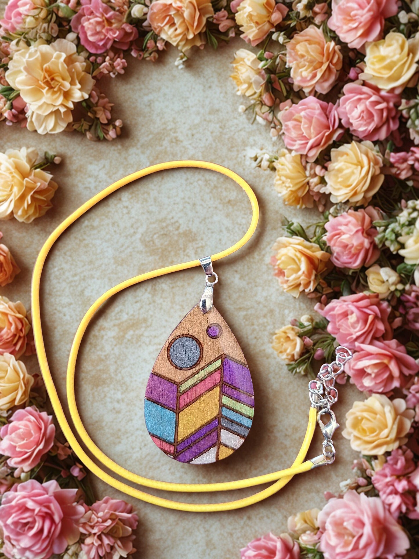 Hand painted wood and resin necklace and cord - multi