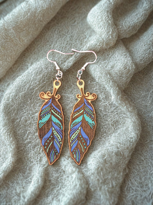 Feather earrings - hand painted wood