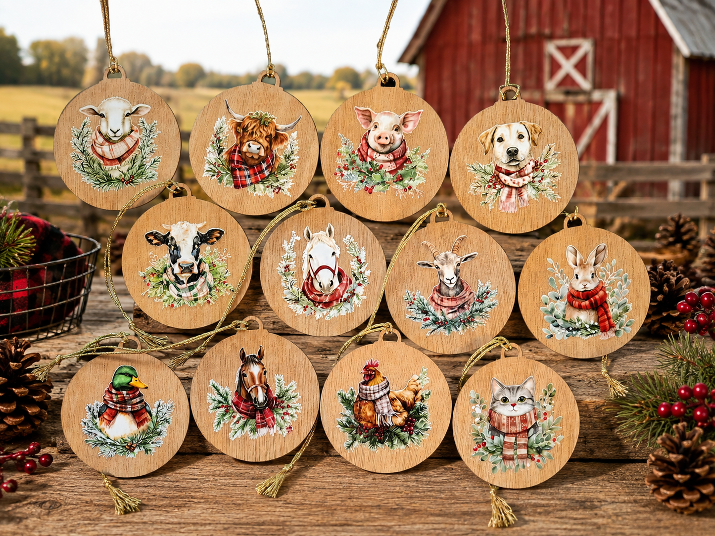 Set of 12 wooden country style decorations