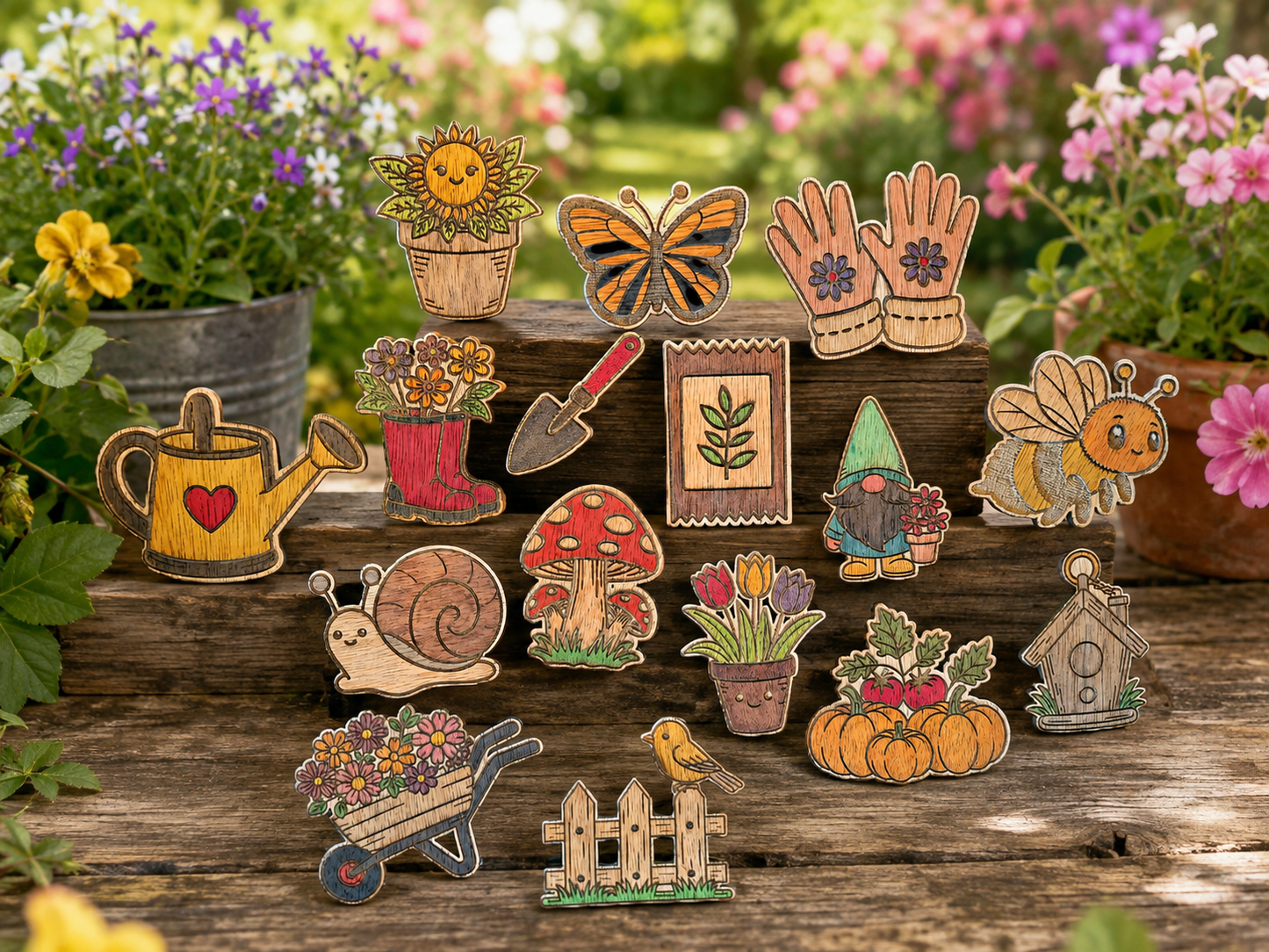 Set of 16 Hand-Painted Wooden Garden-Themed Magnets