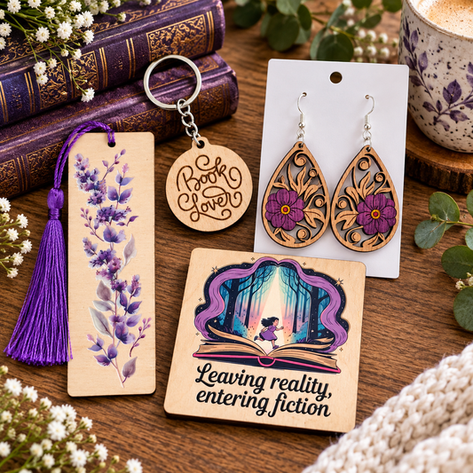 Purple Book Lover Gift Set – NZ Made Bookmark, Earrings, Keyring & Magnet