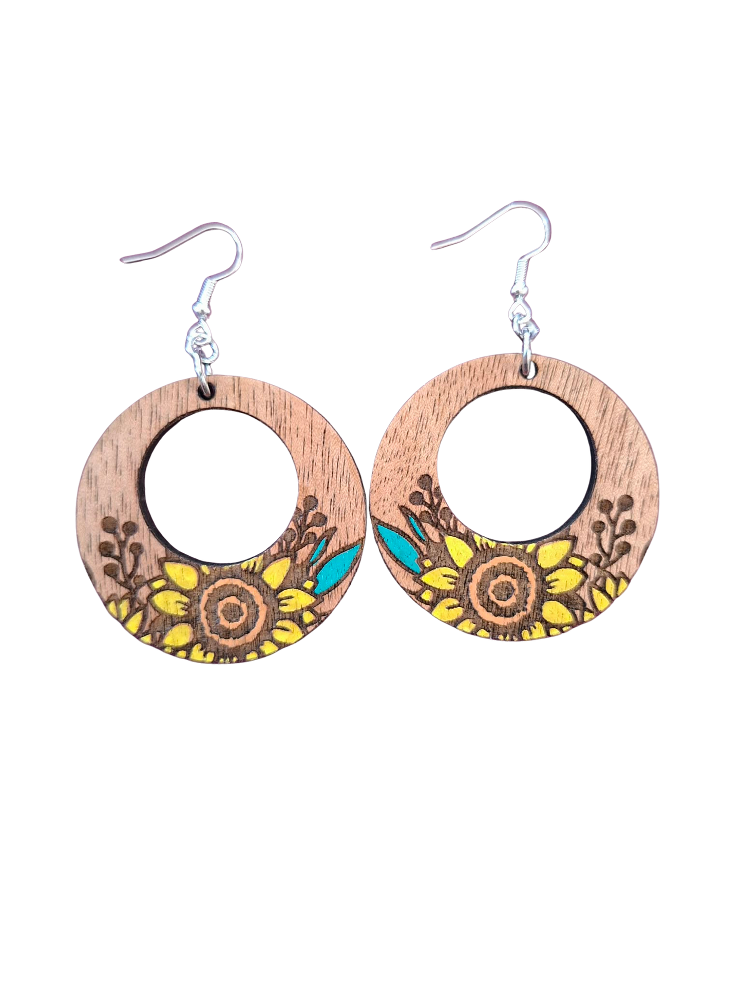 Wooden hand painted sunflower earrings - 4 shapes to choose from